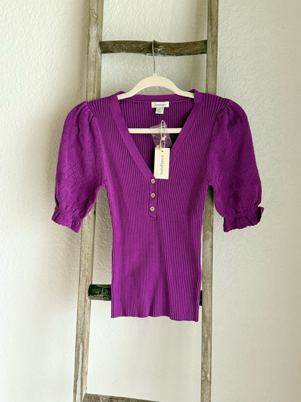 Sundance Purple Ribbed V-Neck Puff Sleeve Top